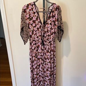 Jade by Johnny Was Pink and Black Floral V-Neck Flutter Sleeve Jumpsuit size S